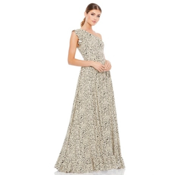 MAC DUGGAL Dress Size 4 Evening Gown NEW One Shoulder Cream Black Animal Print - Picture 1 of 7